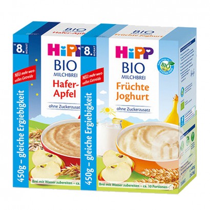 【4件裝】HiPP 德國喜寶有機燕麥蘋果晚安米粉*2+有機水果酸奶米粉*2 8個月以上450g 海外本土原版