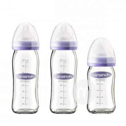 Lansinoh 美國蘭思諾寬口徑防脹氣玻璃奶瓶三件套裝 海外本土原版