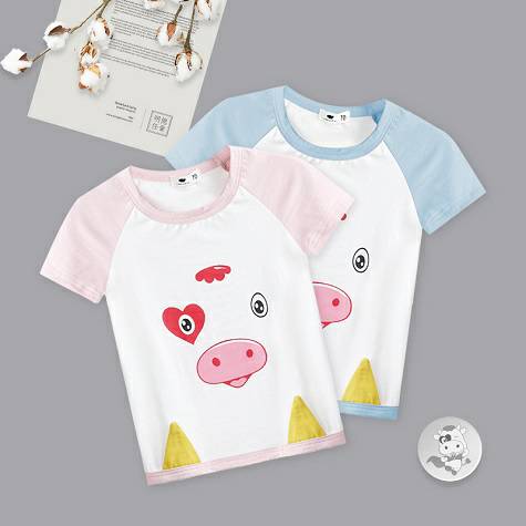 【2件】Verantwortung 明德任責 男女寶寶 百搭愛心小牛夏季短袖T恤藍色+粉色