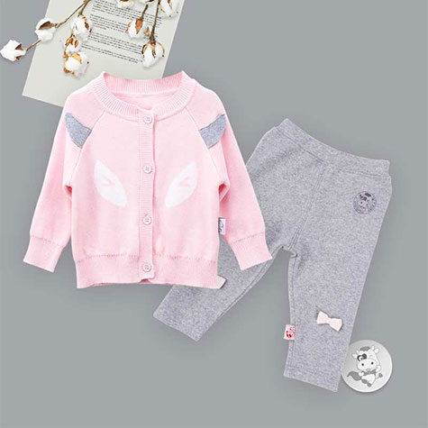 【2件】Verantwortung 男女寶寶 有機棉歐式經典 雙層針織開衫外套 粉色+有機棉打底褲 可愛蝴蝶結 灰色