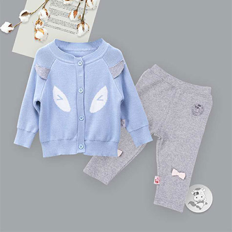【2件】Verantwortung 男女寶寶 有機棉歐式經典 雙層針織開衫外套 藍色+有機棉打底褲 可愛蝴蝶結 灰色